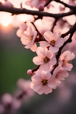 Plum blossoms, light pink, sunset light, f/1.8, 35mm, Canon DSRL 5 Lens, cinematic lightning