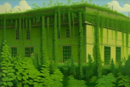 A green warehouse with overgrown vines painted by Henri Rousseau