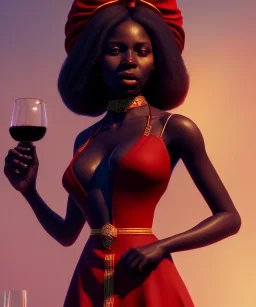 Negra Francisca, beautiful, curvy body, African slave, simple red fabric dress, beautiful long black hair, red headband, head and shoulders portrait, holding glass of wine, 8k resolution concept art portrait by Greg Rutkowski, Unreal Engine 5 volumetric lighting