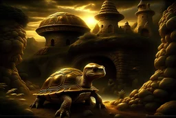Digital art, high quality, digital masterpiece, natural illumination, night,night illumination, spotlight, realistic, film style, beautiful, (full body:3), (1 big ancient Tortoise with towers on shell:3), (stoic face:1.8), (Towers on the shell:1.8), (In a cave:1.5), (Crown:1.6), (Dark:2), perfect hands