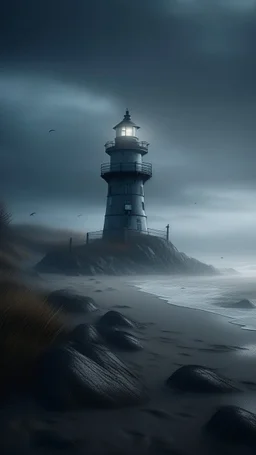A hyper photorealistic, hyper detailed dark art color, high resolution, fog, octane render, tilt shift, HDRI Environment, all pictures of a lighthouse on the stormy wether beach