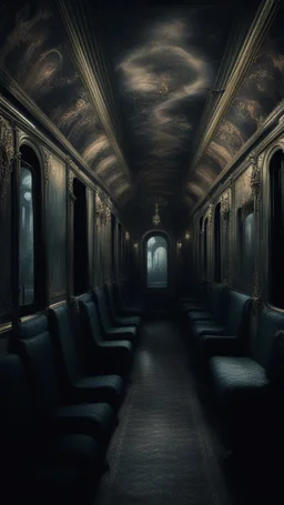 a sleepless night inside a dark train in a delusional state haunted by ghostly images, paint it in the baroque style, as if the man is horrified