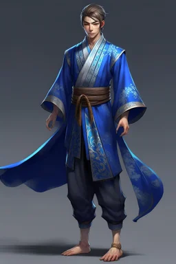young human rogue in blue accented kimono full body