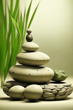 delicate background with spa stones and bamboo stem, in the background there is a balancing female figure statue, photorealistic photo