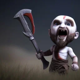 Cute baby video game god of war krotos, holding axe, mytology, 8k resulation, cinematic, cinema4d, hyper detailed, cinamtic lighting, octane render, unreal engine 5, realistic