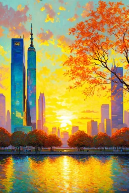 sunset, buildings, lake, city, park, trees, cyberpunk, distopic, sci-fi, claude monet impressionism paintings