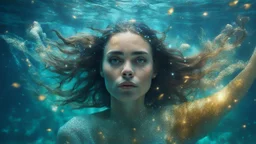 portrait of a woman, beautiful eyes, dancing underwater, scales, double exposure, glare, sparkles, clear lines, detail, fine rendering, high resolution, 64K, photorealism, precise focus, digital painting,