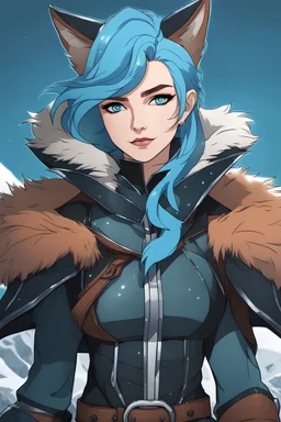 Woman with cute and sporty haircut, wolf ears, cerulean blue hair, light blue eyes, blue eye shadow, wearing futuristic leather armor, cloak with a fur collar, smirking, smug, wilderness background, RWBY animation style