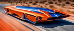 award winning car and driver photograph of a futuristic station wagon designed by only one vehicle per image painted metallic orange traveling at a high rate of speed, jet intake off of front center of vehicle and jet exhaust out the rear with bright blue flame, bilaterally symetrical, more a high speed road vehicle