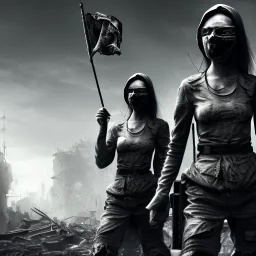 women, faces covered in black masks, ragged clothes, holding flag, war-torn, destroyed city in the background, 8k resolution, hyperrealistic, detailed matte painting, b&w, dynamic lighting, war, anarchy, terrorists