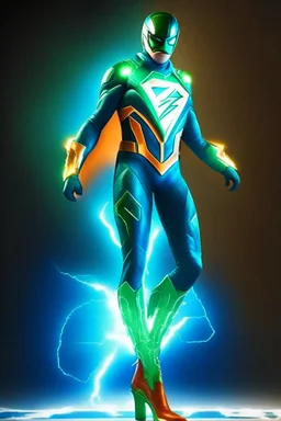 the flash fan with emerald lighting symbol and blue suit and orange boots