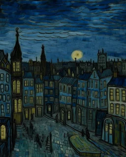 A grayish dark blue city in twilight painted by Vincent van Gogh