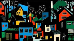 A black dark shadowy Japanese village painted by Stuart Davis