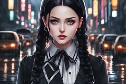 Hot wednesday addams in 8k realistic anime drawing style, Gothic them, neon effect, close picture, rain, highly detailed, high details, detailed portrait, masterpiece,ultra detailed, ultra quality