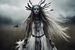 Otherworldly, heilung old maskefairies witches singers and and crows, Cara Delevigne MacKenzie Foy Avril Lavigne, tribal dance fur open dress, beautiful long white dreadlocks hair, 15 years old Nordic young girl, black face paint stripes on the eyes,dances magic in the stormy misty moor, closeup of the white crow, intricate, pagan music art, rune simbol in the forest background, high detailled, fanart, oil painting, 8k, Mario Bava-Boris Mikhailov-Alex Strohl movie style