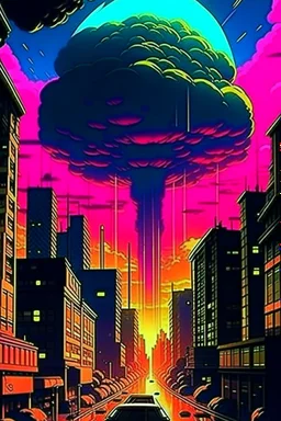 retro anime style, serius dark 1990s anime style, city, atomic mushroom cloud, synthwave