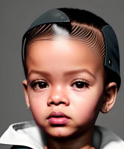 Rihanna toddler, full height, leather jacket, soft skin, dramatic lighting, hyper realistic