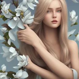 femme long cheveux blond yeux bleus , 8k resolution, flower magnolia, beautiful portrait, 8k resolution, flower head and body, beautiful