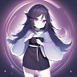 Clear focus, High resolution, rough line art, cute, cartoon, black long fluffy hair, chopped bangs, wearing a kimono with a short skirt, purple eyes, 1girl (solo)
