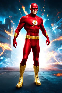 the Flash with gold boots, Professional Quality 35mm Photograph, 4k UHD, hyper-realistic, Photorealistic, extremely detailed, High resolution