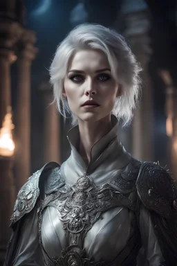 portrait of a beautiful undead female ghost, short messy ashen hair, pale grey eyes, transparent pale skin, dressed in a ghostly light armor, standing in an old outside temple, realistic, nightime, moon light, sexy, cinematic lighting, highly detailed face, very high resolution