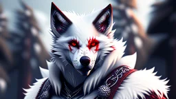 Feral, White fur, Werewolf, Red eyes, character, waist up portrait, oil on canvas, expert, insanely detailed, 4k resolution, cinematic smooth, intricate detail,