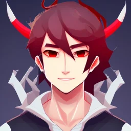 anime discord profile picture of man with short black hair with red streaks, with dragon horns on top of his head, looking mischievous