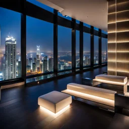 luxury big square hall in top floor of skyscrapper in moder city at night sky,city scape at backgrownd