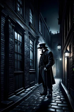 man in dark clothing, hiding around a corner while looking down on a brightly lit Victorian street