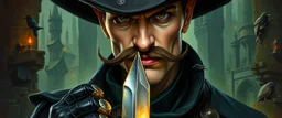 oil paint and airbrush, upper body portrait of clever crow vintage mustache assassin thief quickling juggler man with Damascus steel sacrificial dagger in then elven magical green city of Forgotten Realms, myth drannor