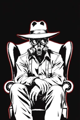 western styles man with hat (wide flat brim flat top) shading face, wearing a gas-mask, sitting forward on a wingback chair, vignette, black and white graphic novel style with a red outline on black background, gothic horror