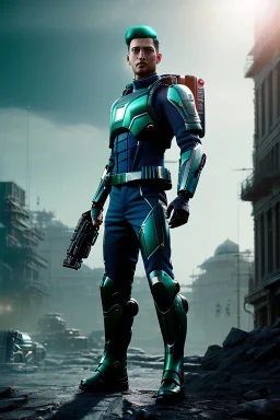 Futuristic soldier, physically fit, green hair, blue eyes, intricate eyeliner, vibrant eyeshadow, clear completion, soft lighting, 4k resolution, intricate details, insanely detailed, colorful cityscape background, masterpiece, expert, cinematic smooth, retroanime style, realistic details, no helmet