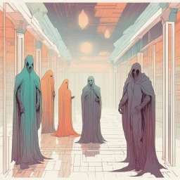 ghostly wraiths and incandescent smoky phantoms in a hall with broken mirrors in retro-scifi colors