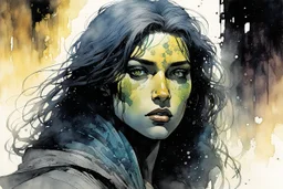 create in inkwash and watercolor the young female Ivrian from Ill met in lankhmar in the comic book art style of Mike Mignola, Bill Sienkiewicz and Jean Giraud Moebius, , highly detailed, finely lined facial features, grainy, gritty textures, foreboding, dramatic ethereal lighting