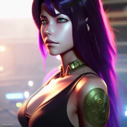 revy black lagoon, purple hair, black tank top, jean shorts, tribal sleeve left arm, portrait shinkai makoto, studio ghibli, studio key, madhouse anime studio, artgerm, lau rossdraws james jean marc simonetti pixiv