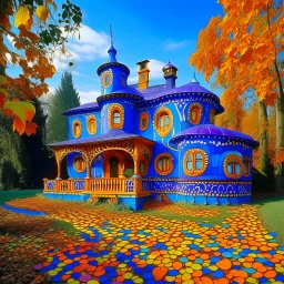 A purplish periwinkle mansion with pumpkins designed in German folk art painted by Wassily Kandinsky