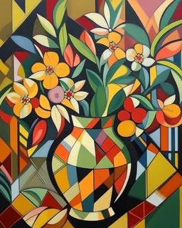 Cubism style, flowers in a Japanese vase.