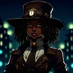 Bad ass curly haired dark skinned girl with a hat at night in Steampunk anime style