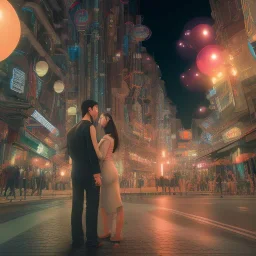 A professional night shot of a romantic far future city, seoul, couple holding hands, trending on Artstation, sharp soft focus, highly detailed, crowded, red balloons falling, couple facing away, girl with black hair, don´t see their faces