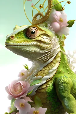 Beautiful Gecko green light pink gradient and gold King front wiev textured detailes skin, portrait, wearing rococo style with hate adorned with white spiders, beads, gold dust pearls organic bio spinal ribbed detail of rococo floral, white wicked background extremely detailed, athmoshpheric, hyperrealistic maximálist concept art