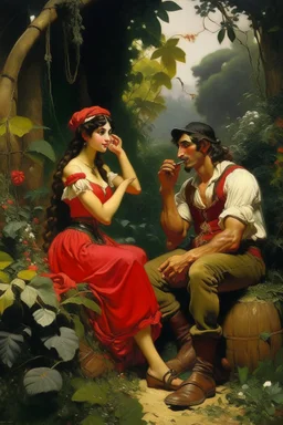 Carmen the Spanish gypsy girl tempts adam with a cigarette in the garden of Eden