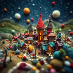 Photograph hasselblad h6d400c --ar 85:128 --v 6.0 of a fairy village made of felt art, Yves Tanguy, tiltshift, 3d deep field, wide angle landscape scene of an odd village, galaxies and planets, creepy, needlepoint, abstract silhoutte, expressionist style, colorful