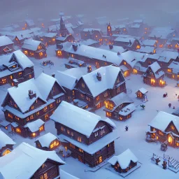 kleines Dorf, Schnee, wenig Häuser, Mitelalter, Vogelperspektive