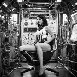 Black and white, retrofuturism, and sci-fi photograph of a woman in_undies with sleek, dark hair, wearing a form-fitting, high-tech harness with mechanical components and cables. She is seated in a futuristic chair with complex machinery and wires connected to it. The setting appears to be a laboratory or control room, evoking a mid-20th-century vision of the future. High-detail, vintage aesthetic