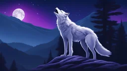 white wolf, standing on top of a mountain, howling at the moon, dark forest background, starry night sky, blue and purple gradient sky