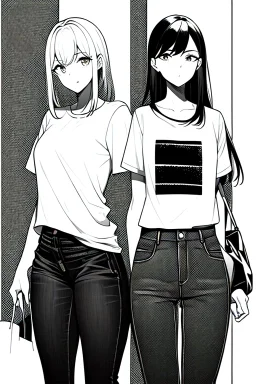 two girls dressed in jeans and a T-shirt walk in the city, line arts, greyscale