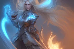 klotho, a awesome blond-hair woman with light superpower in one hand and a blue and light orange "K" letter on her armor, riding a roar and angry dragon surrendes death