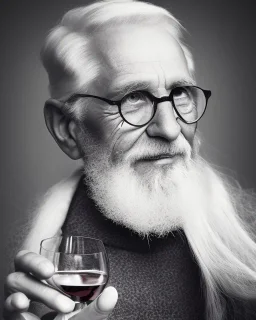 beautiful black and white photo portrait of an old man white hair with a wine glass in hand