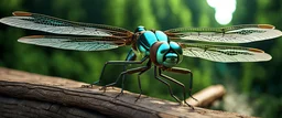 High-end hyperrealism epic blue dragonfly hero, Steampunk-inspired cinematic photography, symmetry forest alley background, Aesthetic combination of metallic sage green and titanium blue, Vintage style with brown pure leather accents, Art Nouveau visuals with Octane Render 3D tech, Ultra-High-Definition (UHD) cinematic character rendering, Detailed close-ups capturing intricate beauty, Aim for hyper-detailed 8K