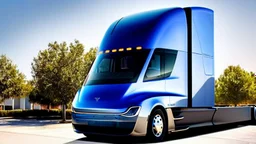 A Tesla semi-truck is parked, within the 'Universal Studios Orlando', in Florida. CINEMATIC. WIDE ANGLE LENS.